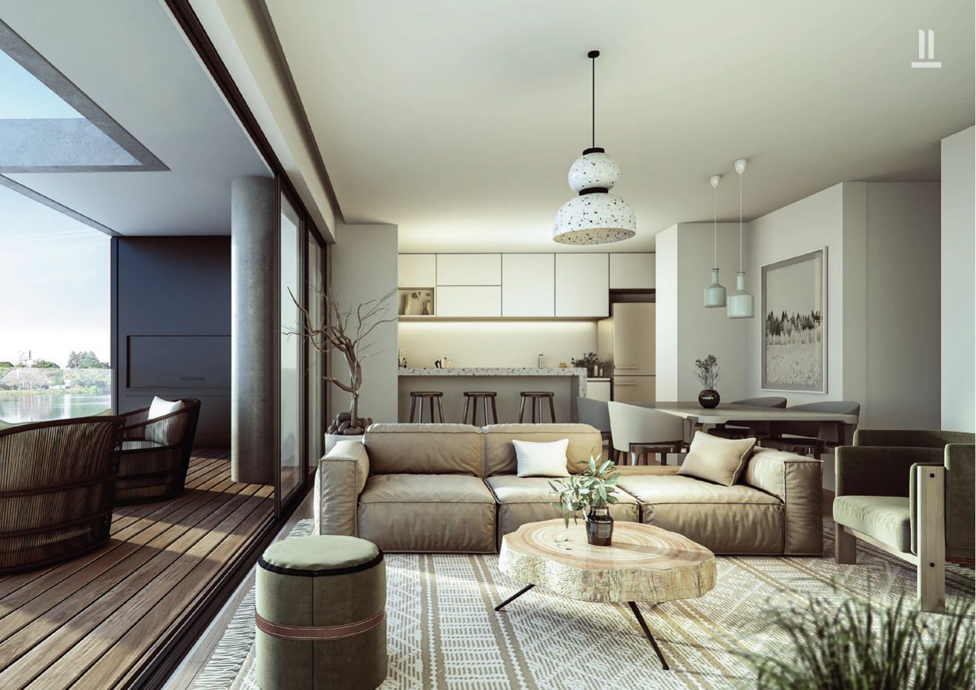 Гостиная квартиры BELLEVUE с кухней и видом на озеро